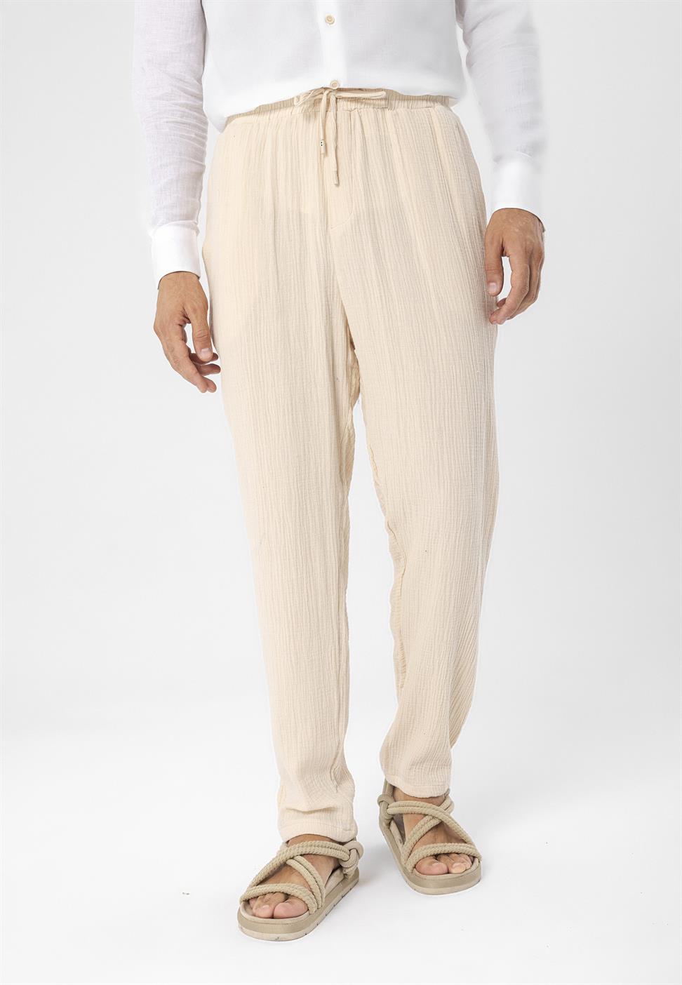 بنطلون رجالي من قماش الموسلين عالي الخصر مع خصر برباط
