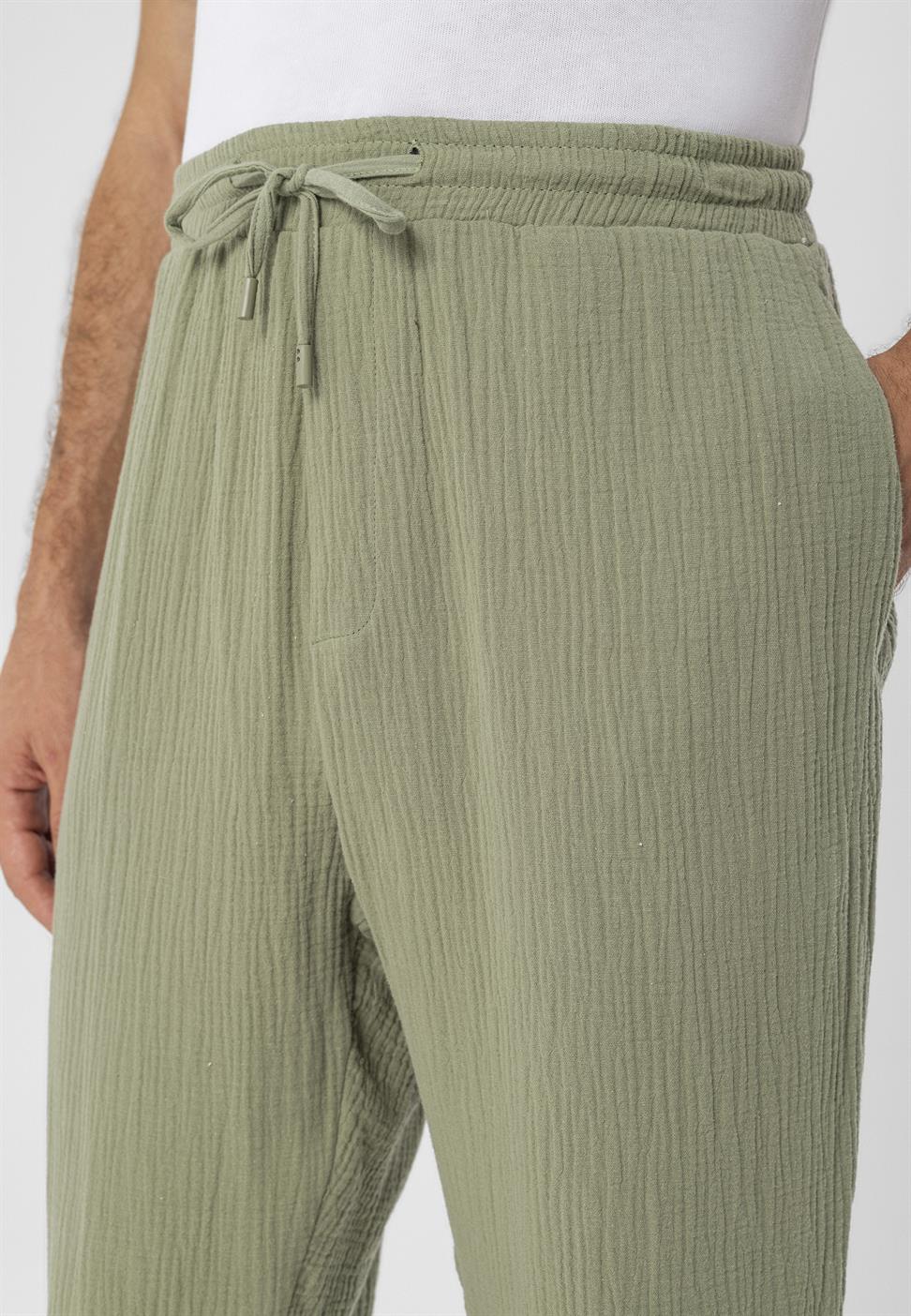 بنطلون رجالي من قماش الموسلين عالي الخصر مع خصر برباط