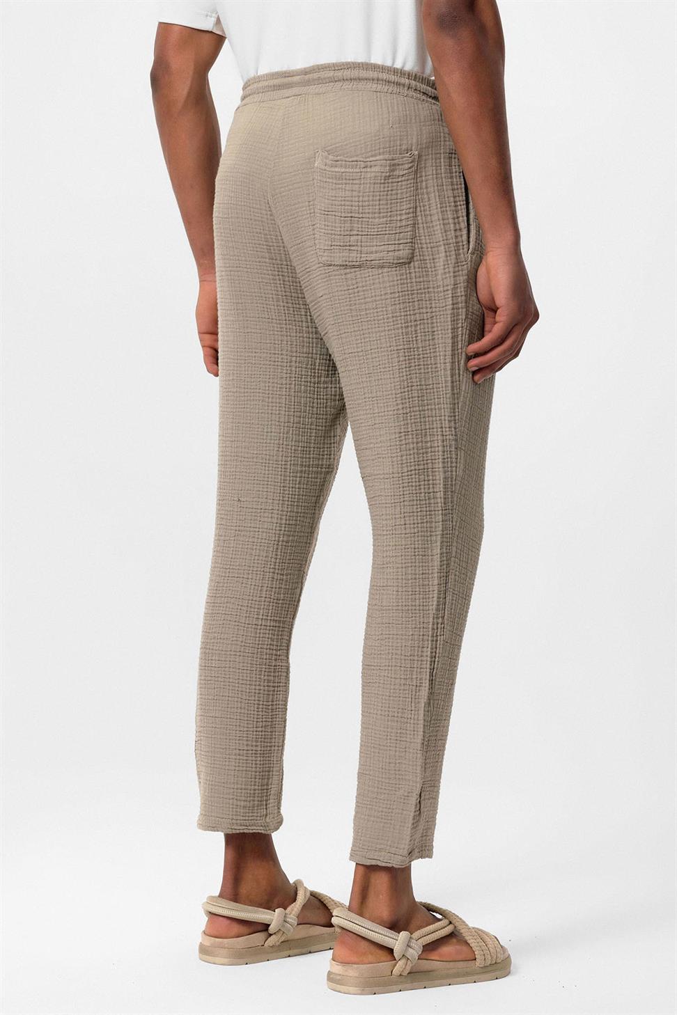 بنطلون رجالي من قماش الموسلين عالي الخصر مع خصر برباط