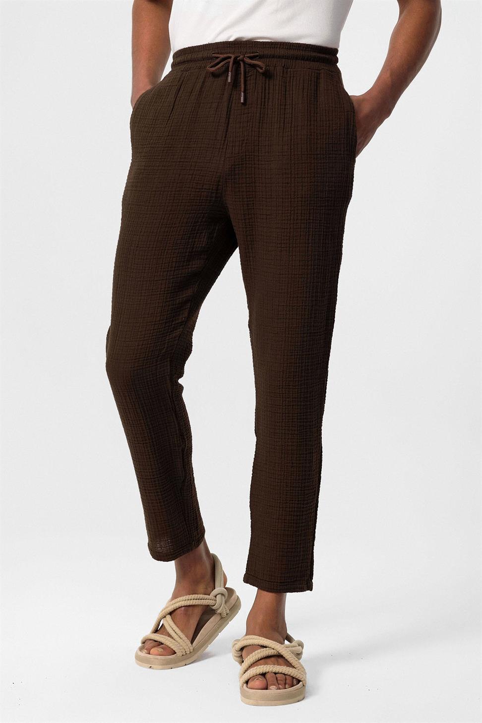 بنطلون رجالي من قماش الموسلين عالي الخصر مع خصر برباط