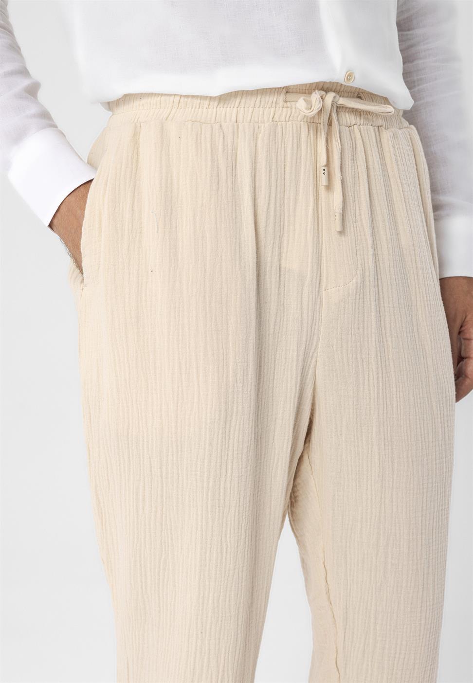 بنطلون رجالي من قماش الموسلين عالي الخصر مع خصر برباط