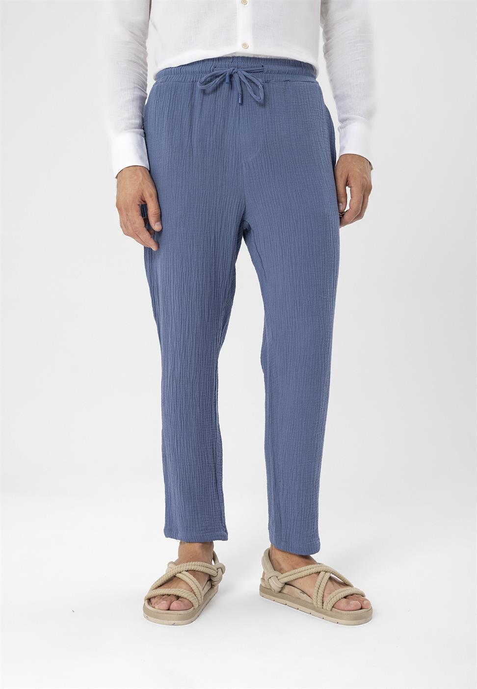 بنطلون رجالي من قماش الموسلين عالي الخصر مع خصر برباط