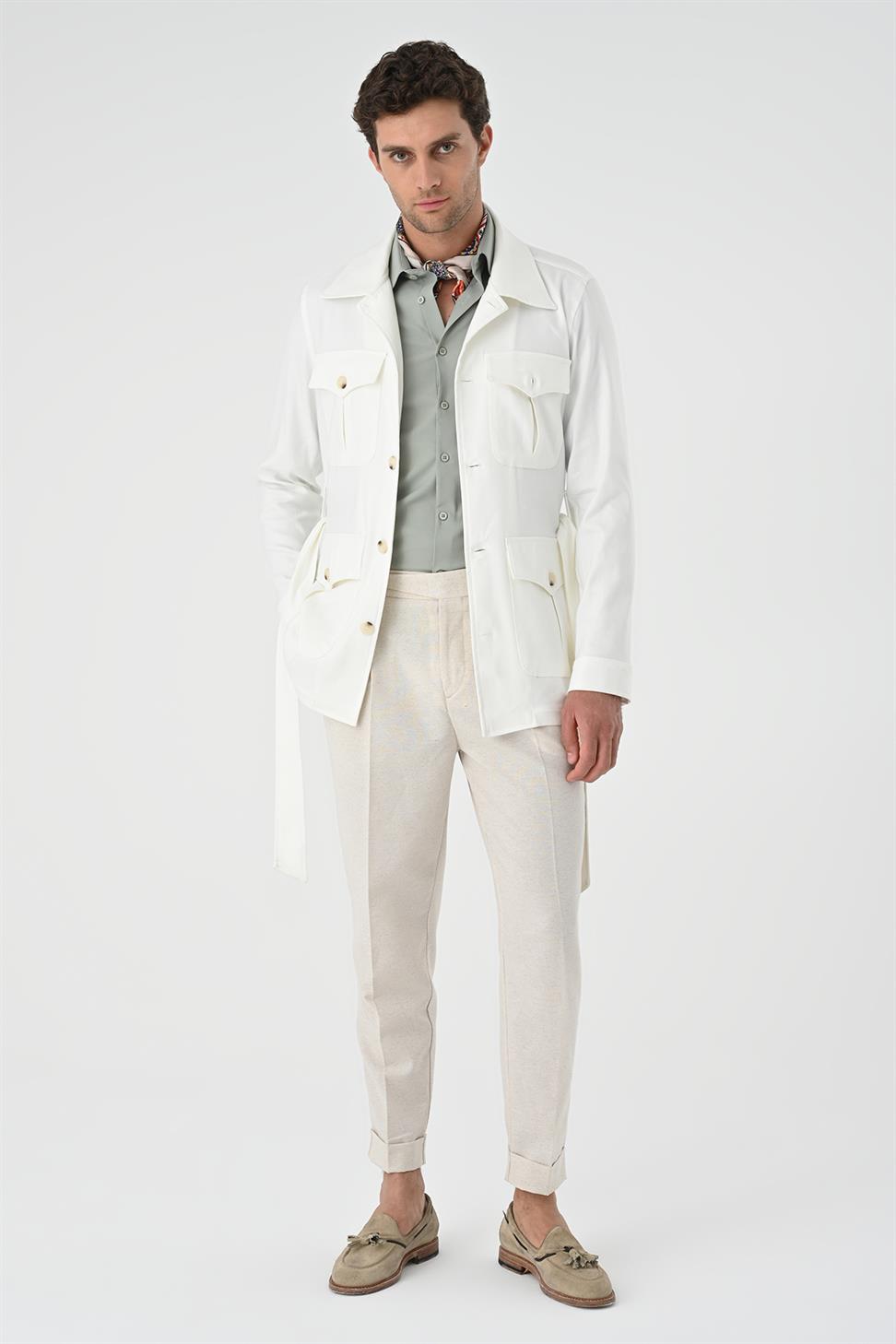 Antioch Ekru Beli Kuşaklı Erkek Mevsimlik Keten Mont