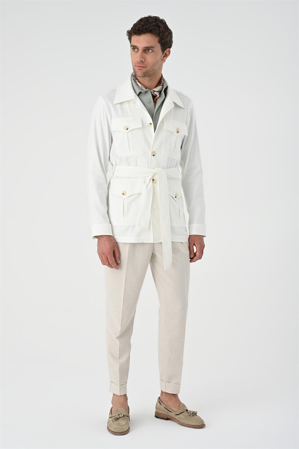Antioch Ekru Beli Kuşaklı Erkek Mevsimlik Keten Mont