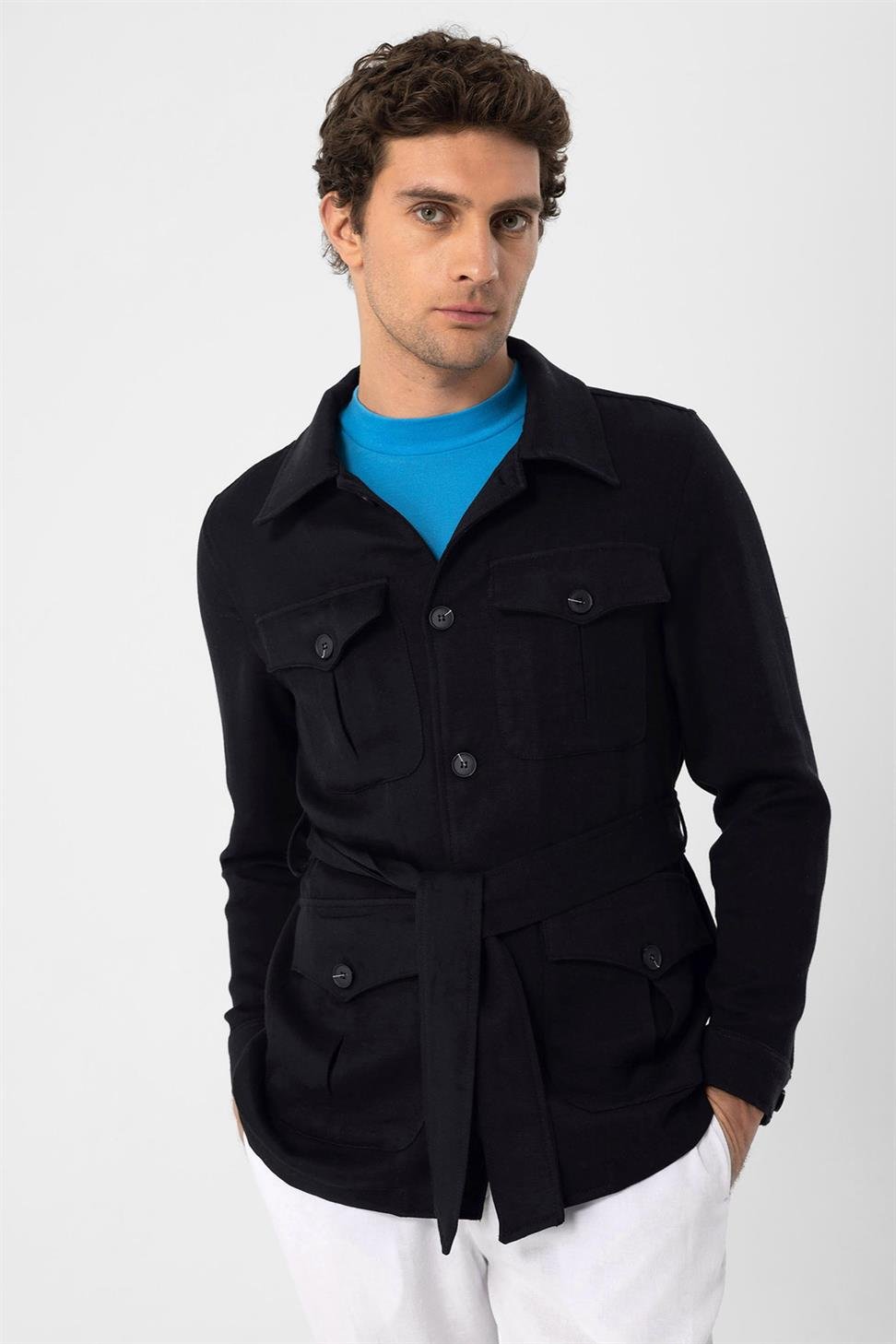 Antioch Siyah Beli Kuşaklı Erkek Mevsimlik Keten Mont