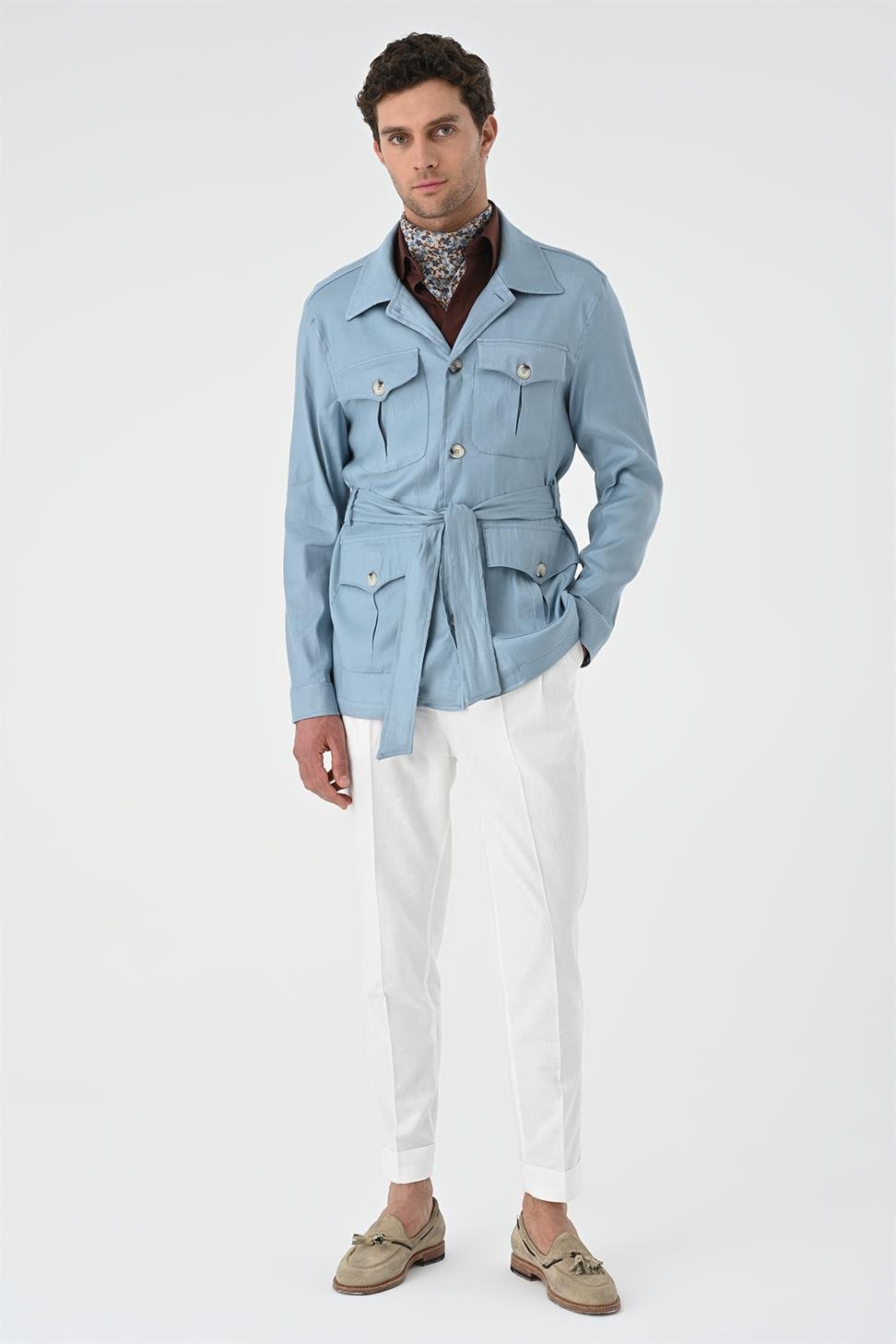 Antioch Mavi Beli Kuşaklı Erkek Mevsimlik Keten Mont