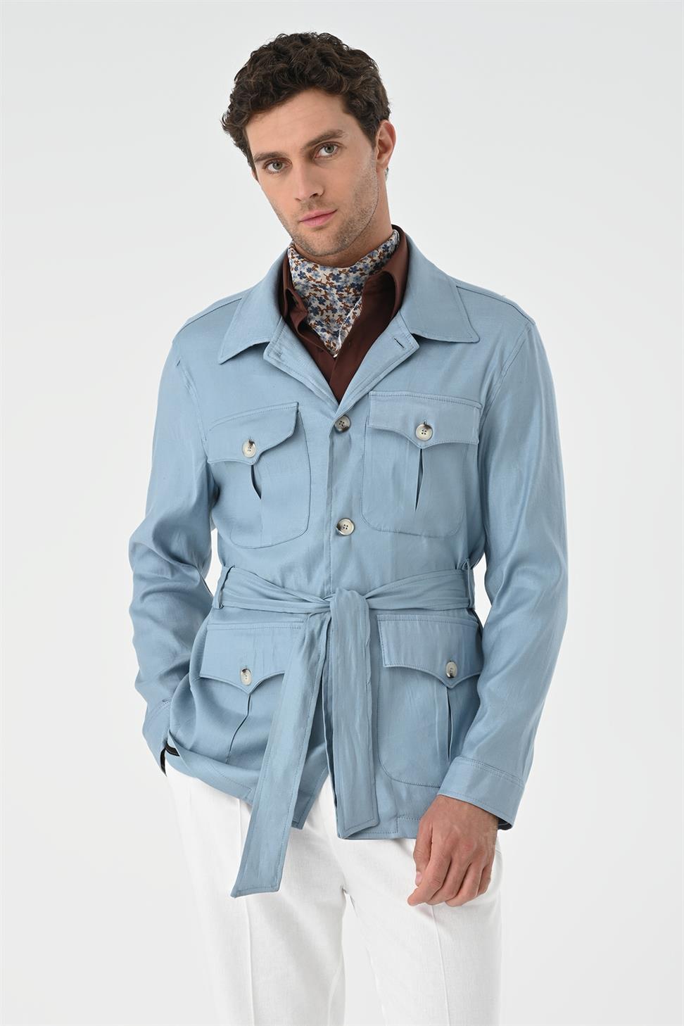 Antioch Mavi Beli Kuşaklı Erkek Mevsimlik Keten Mont