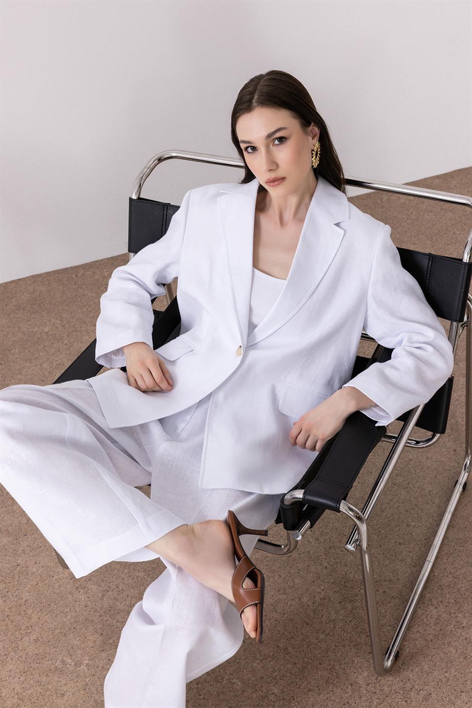 Antioch Beyaz 100% Keten Kadın Blazer Ceket