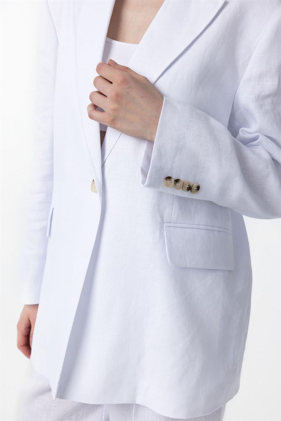 Antioch Beyaz 100% Keten Kadın Blazer Ceket
