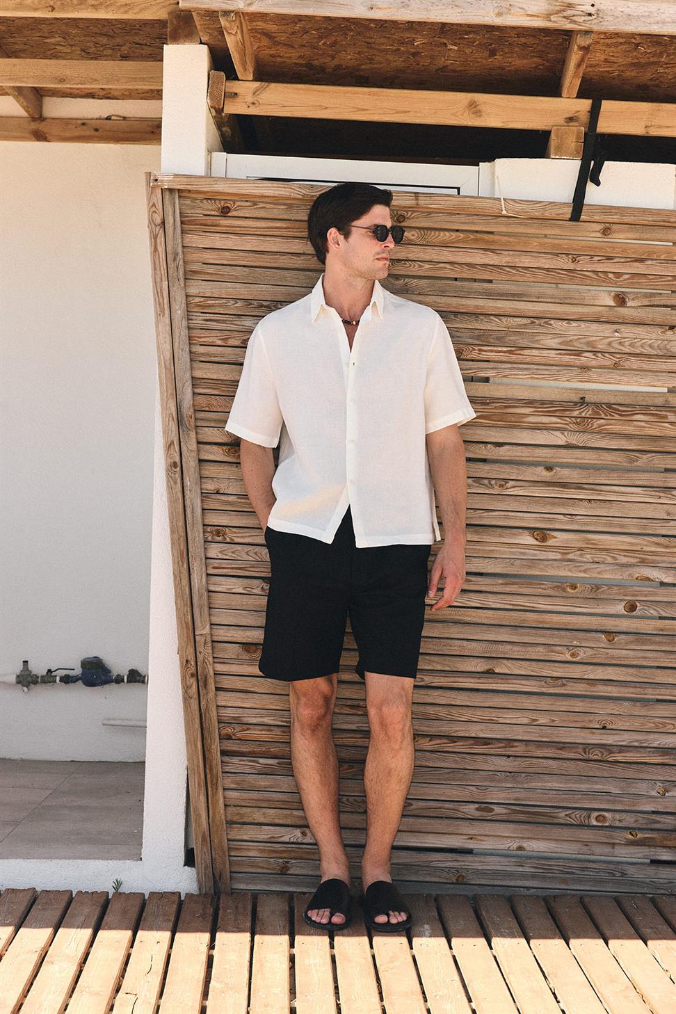 Antioch Beyaz 100% Keten Relaxed Erkek Gömlek