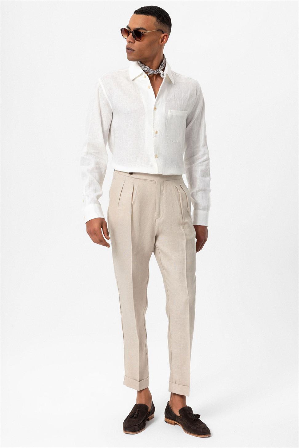 قميص رجالي بأكمام طويلة من الكتان بنسبة 100%