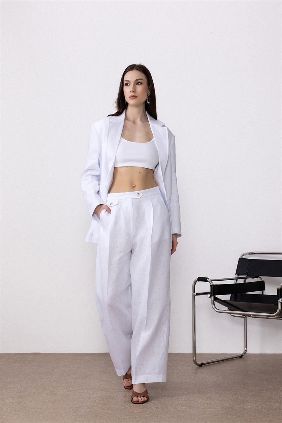 Antioch Beyaz 100% Keten Yüksek Bel Pilili Kadın Pantolon