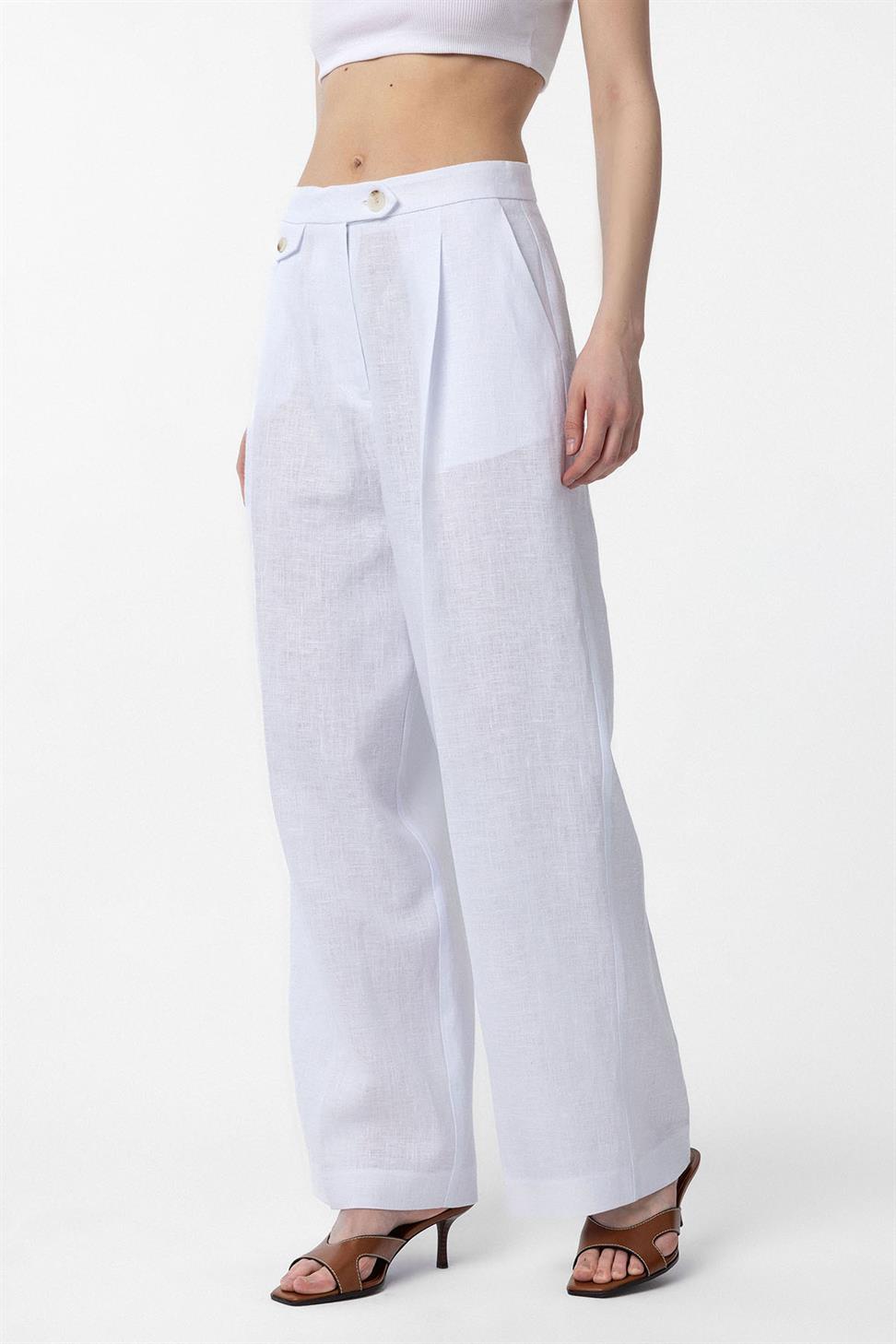Antioch Beyaz 100% Keten Yüksek Bel Pilili Kadın Pantolon
