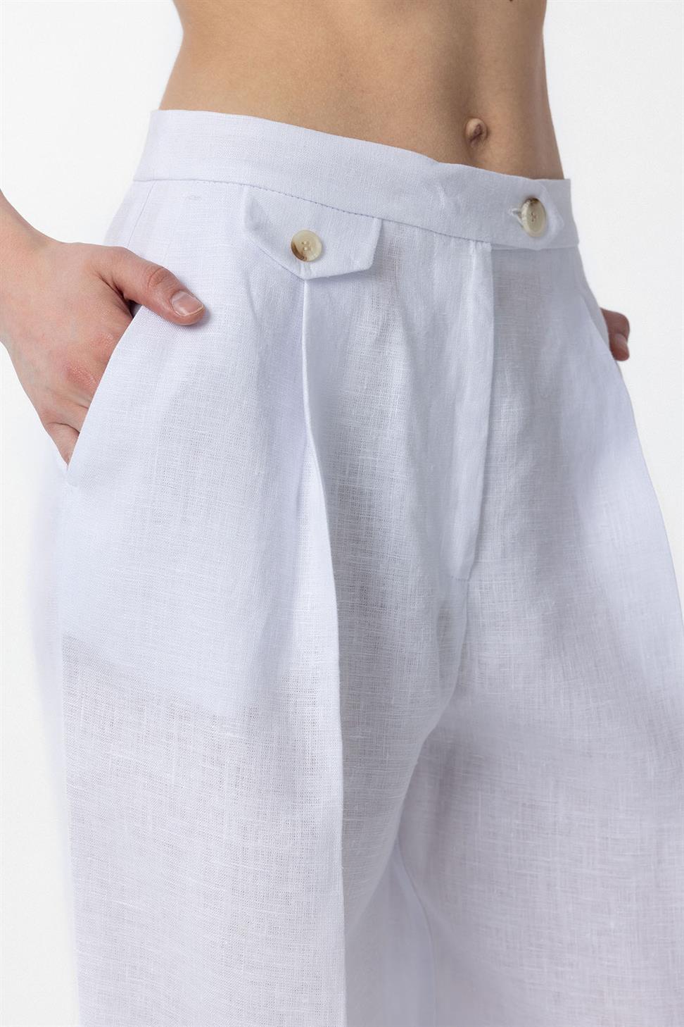 Antioch Beyaz 100% Keten Yüksek Bel Pilili Kadın Pantolon