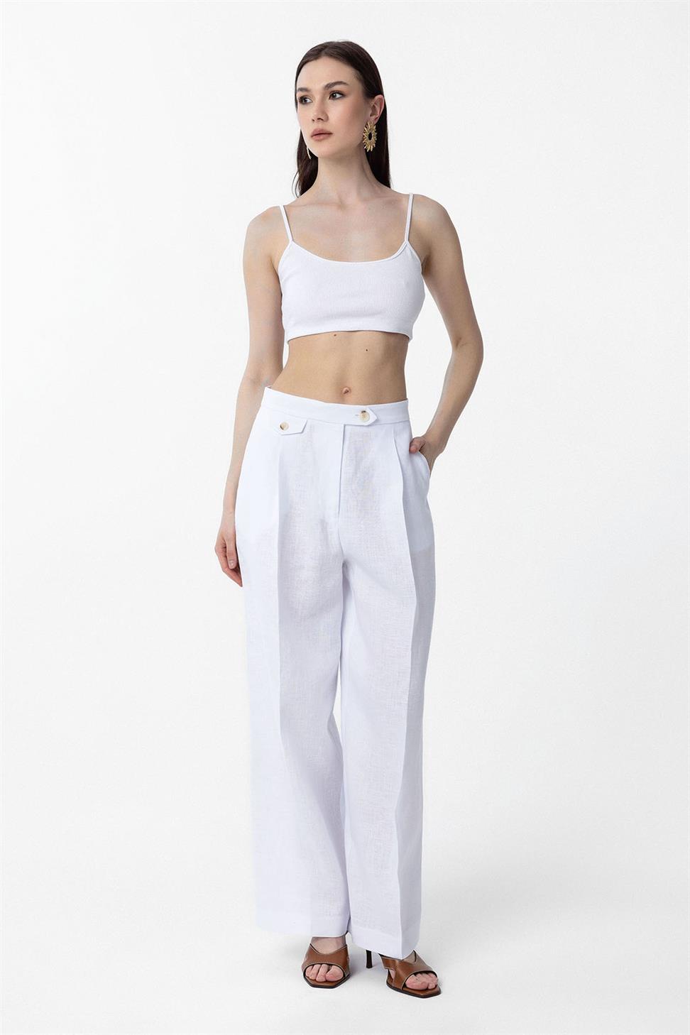Antioch Beyaz 100% Keten Yüksek Bel Pilili Kadın Pantolon