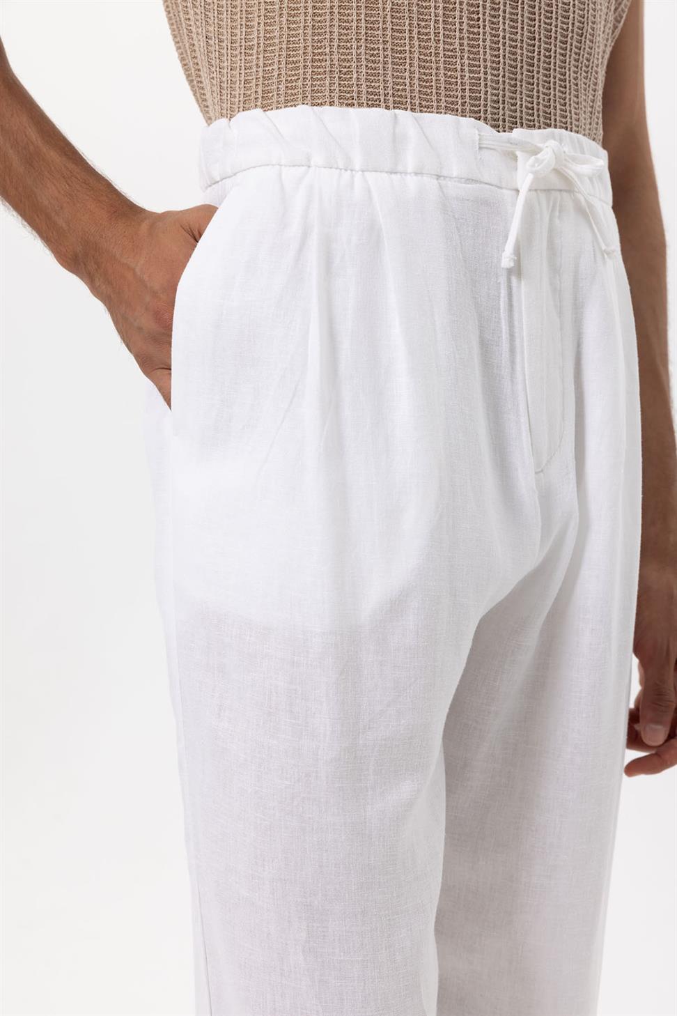 Antioch Beyaz Bel Bağlamalı Keten Karışımlı Baggy Erkek Pantolon