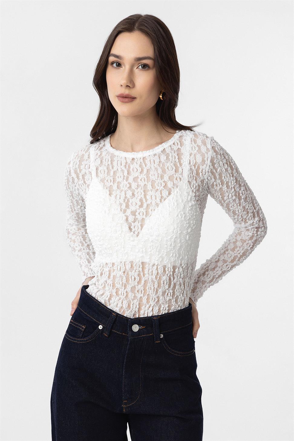 Antioch Beyaz Dantel Transparan Kadın Top