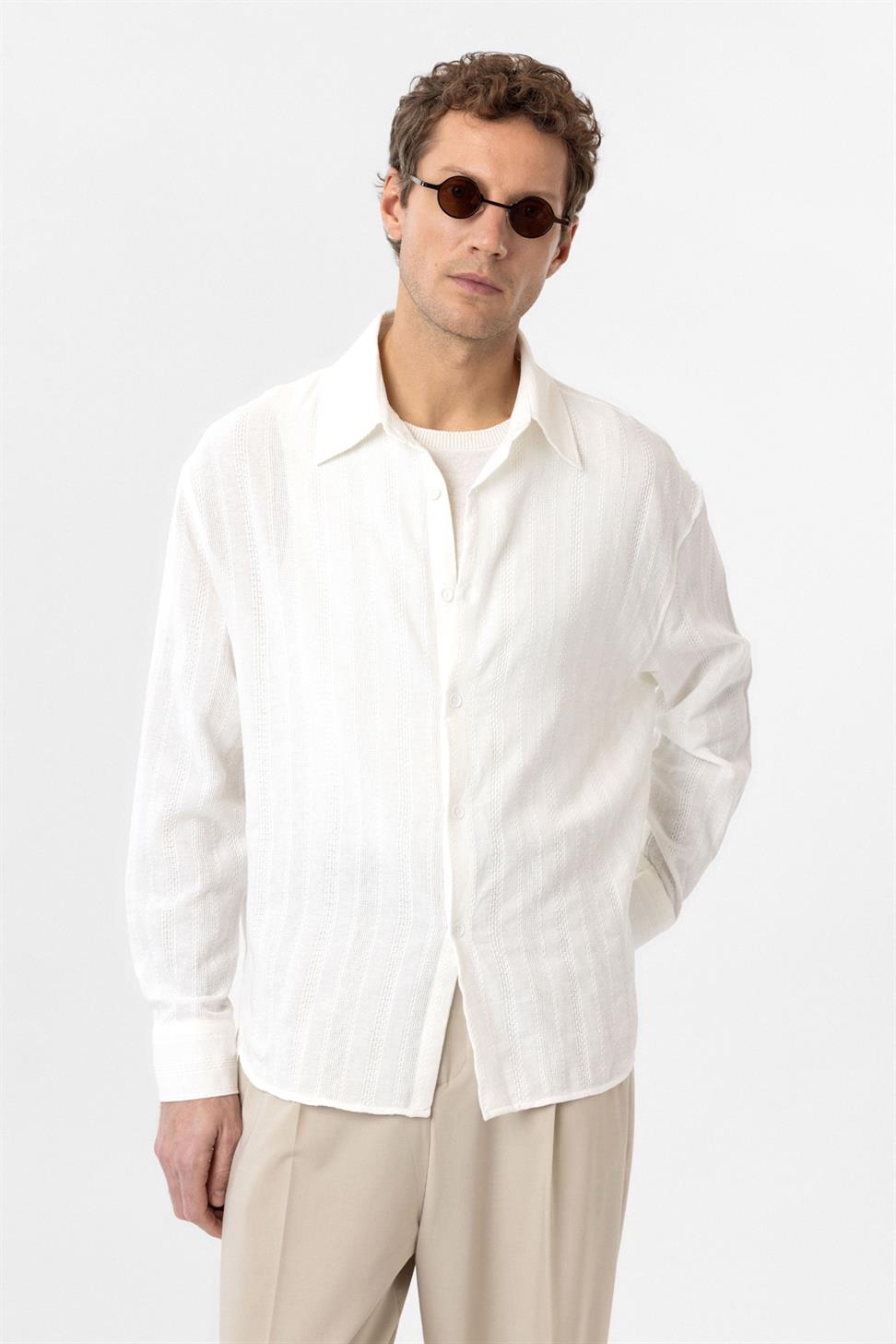 Antioch Beyaz Dokulu Jakarlı Pamuklu Erkek Gömlek