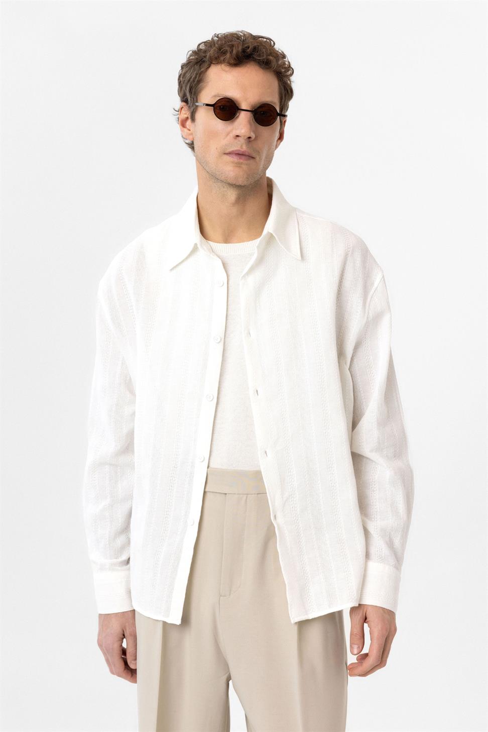 Antioch Beyaz Dokulu Jakarlı Pamuklu Erkek Gömlek