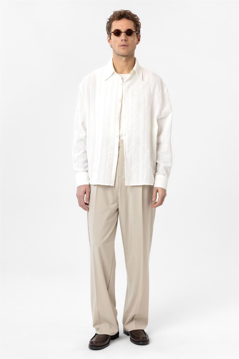 Antioch Beyaz Dokulu Jakarlı Pamuklu Erkek Gömlek