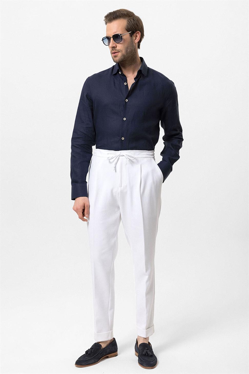 Elastic Waist Pleated Mens Trousers