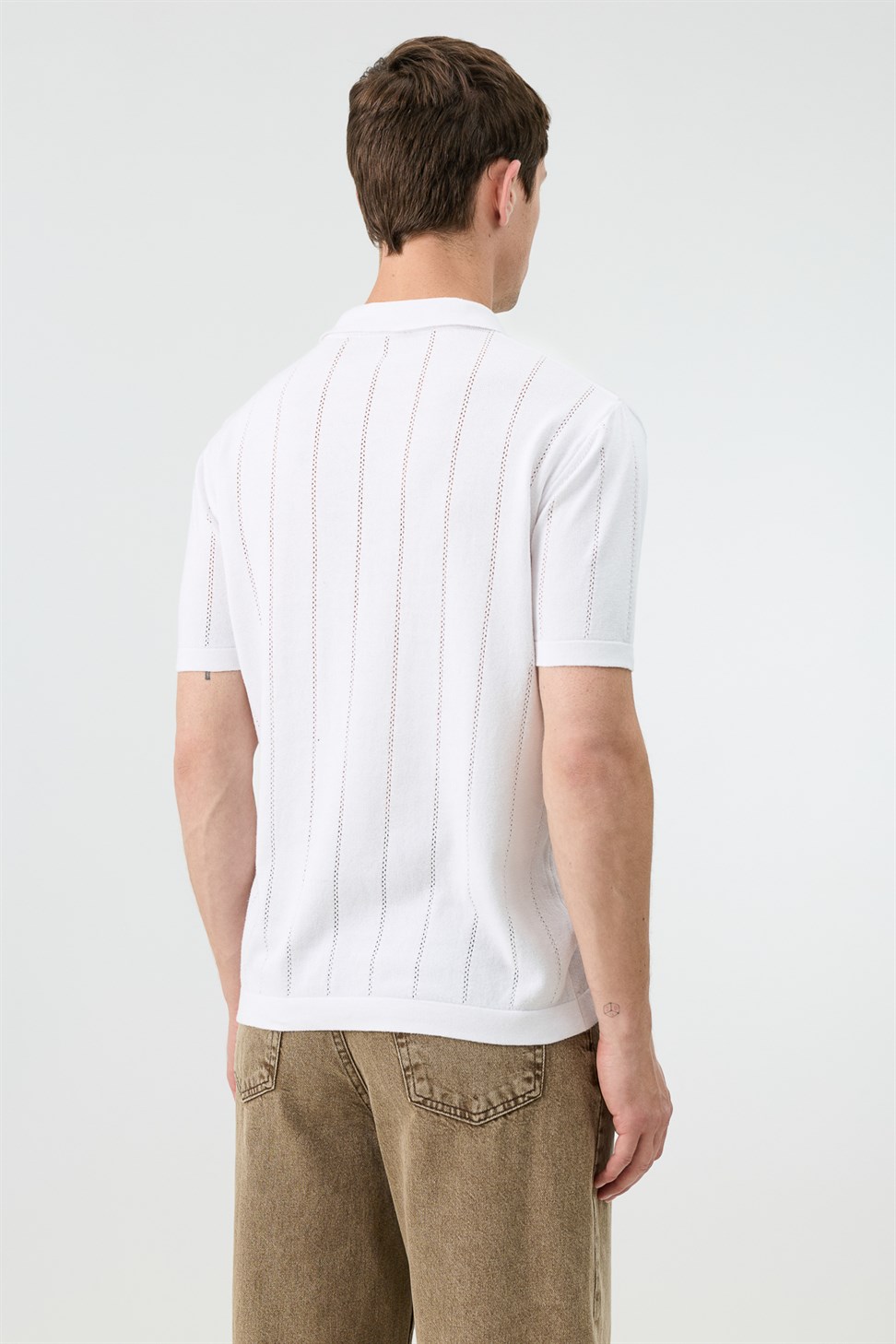Antioch Beyaz Fermuar Yaka Çizgili Triko Erkek T-Shirt