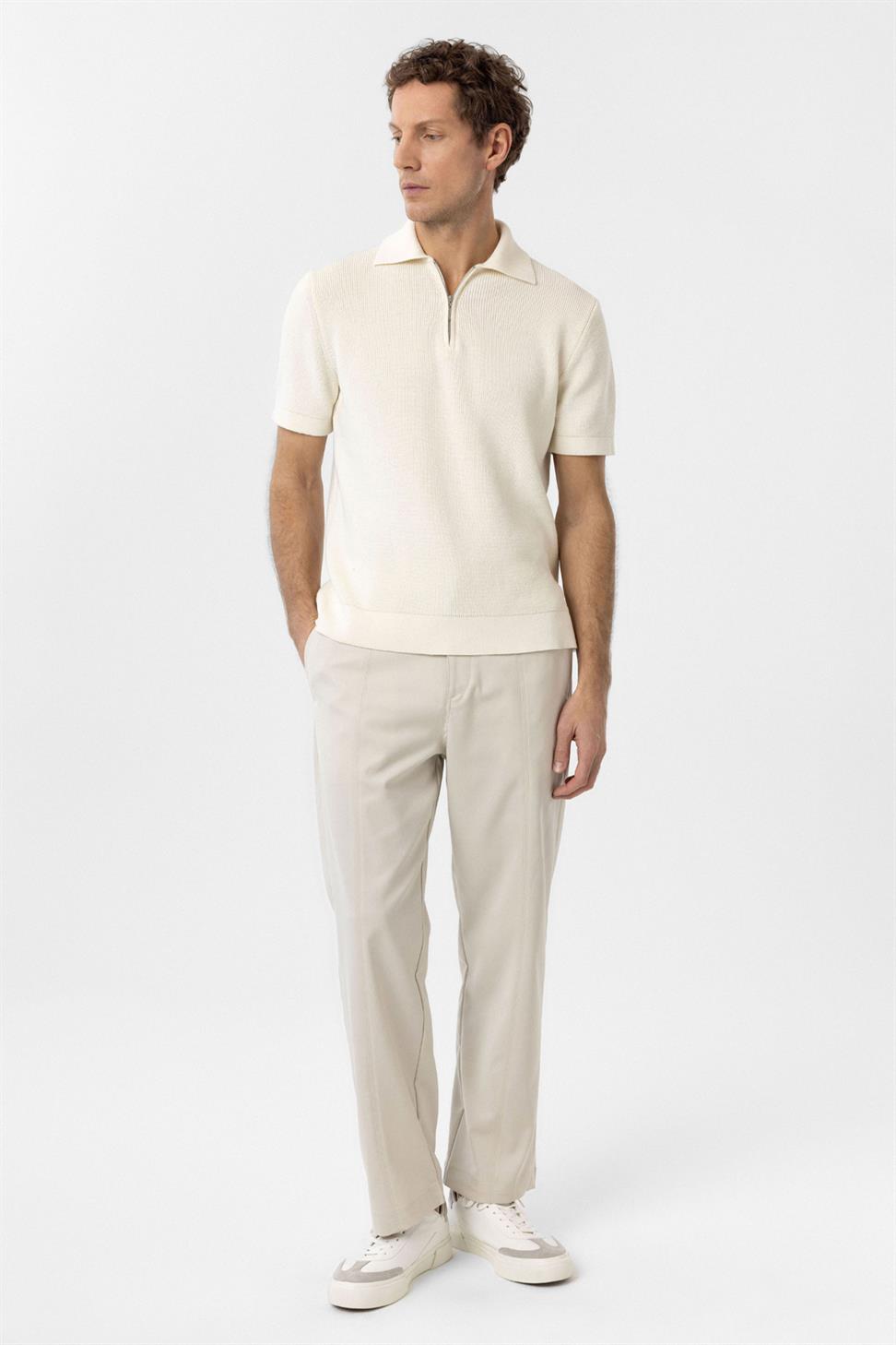 Antioch Beyaz Fermuarlı Dokuma Erkek Triko T-Shirt