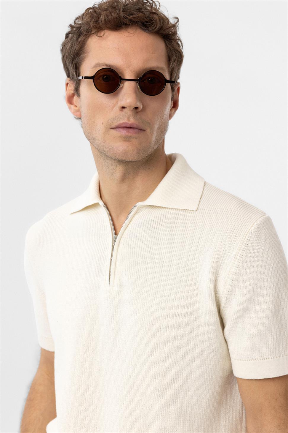 Antioch Beyaz Fermuarlı Dokuma Erkek Triko T-Shirt