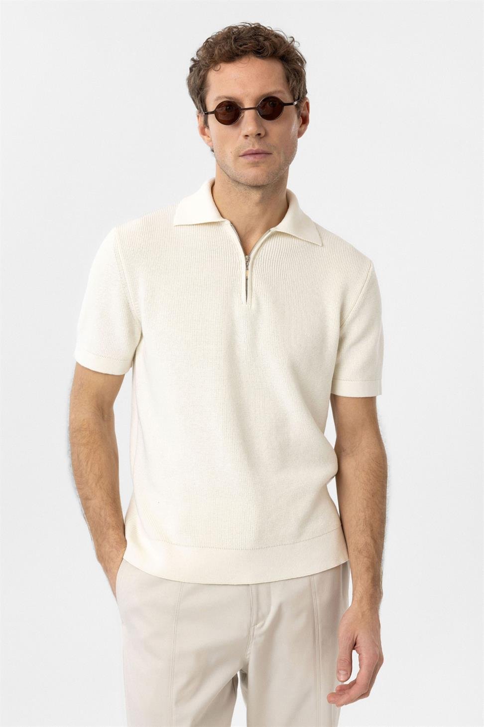 Antioch Beyaz Fermuarlı Dokuma Erkek Triko T-Shirt