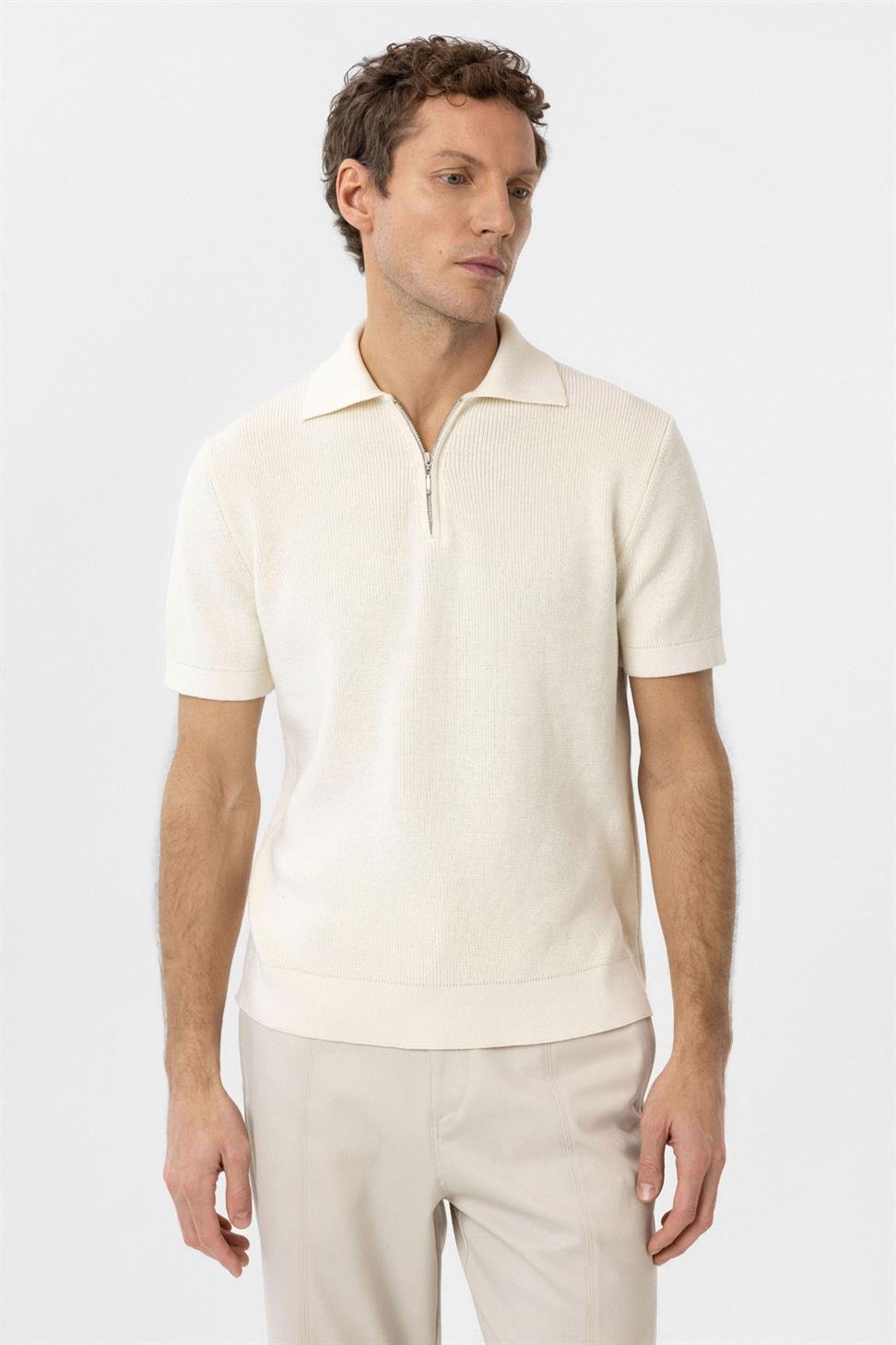 Antioch Beyaz Fermuarlı Dokuma Erkek Triko T-Shirt