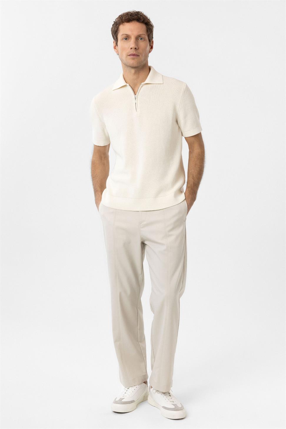 Antioch Beyaz Fermuarlı Dokuma Erkek Triko T-Shirt