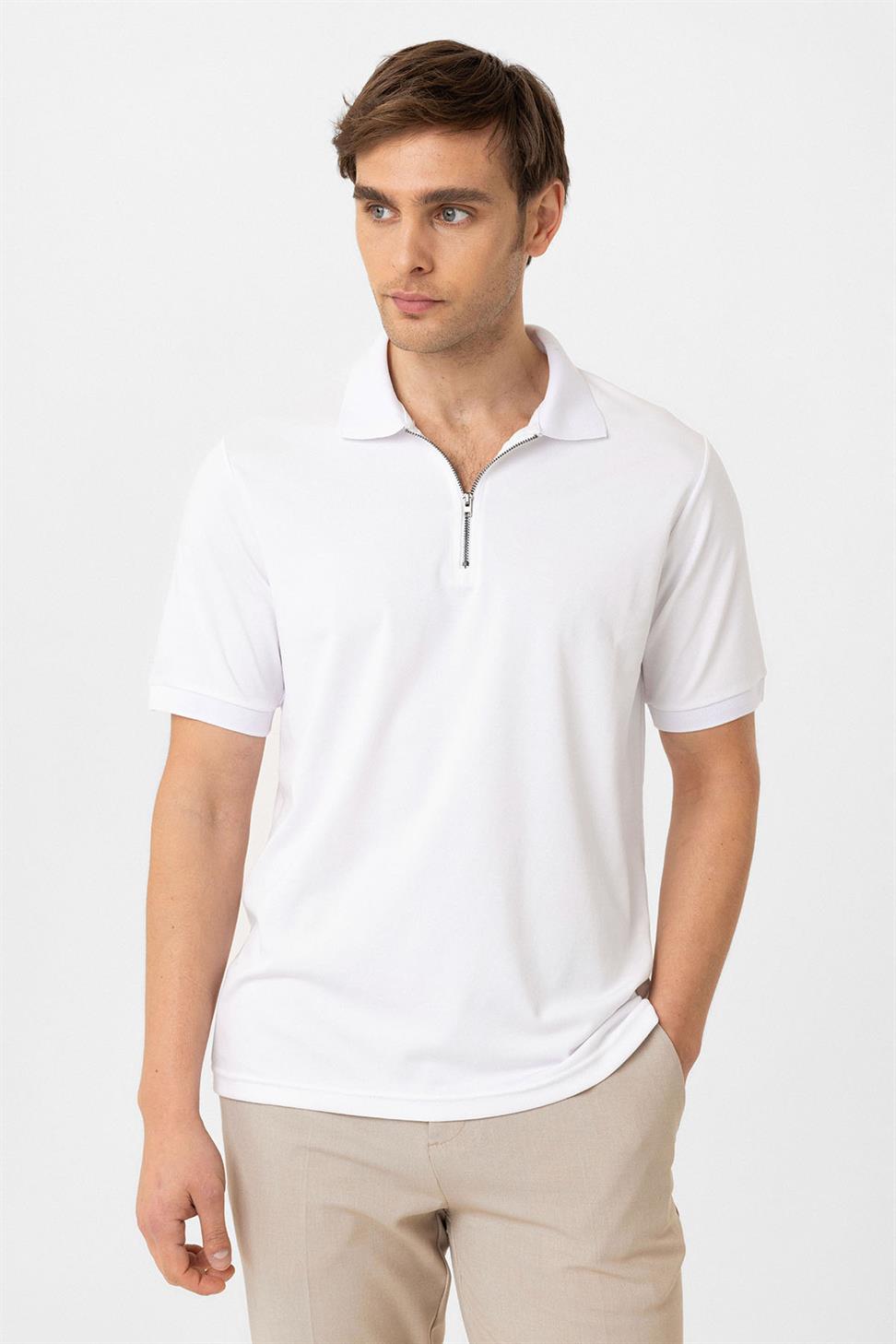Antioch Beyaz Fermuarlı Regular Fit Erkek T-Shirt