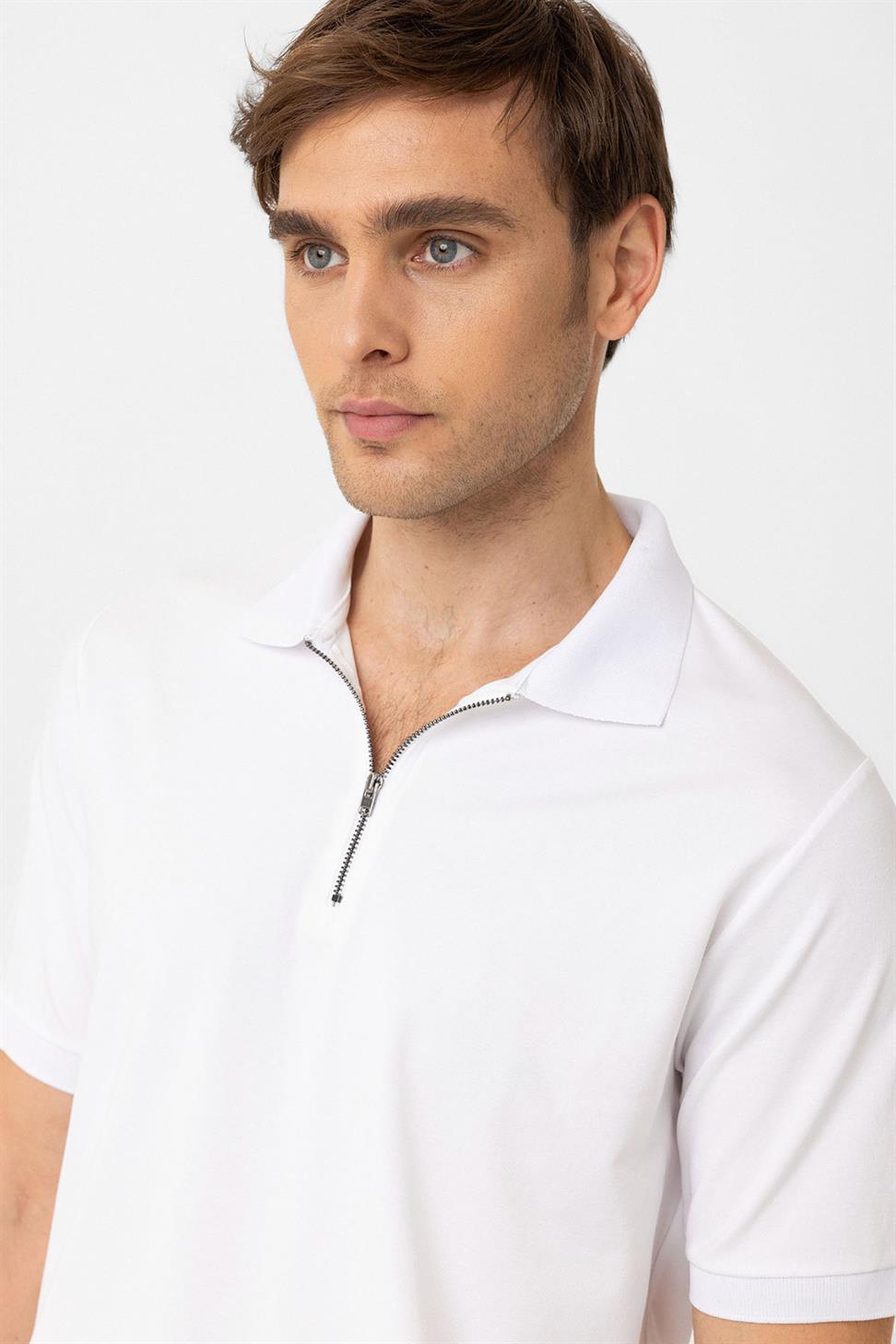 Antioch Beyaz Fermuarlı Regular Fit Erkek T-Shirt