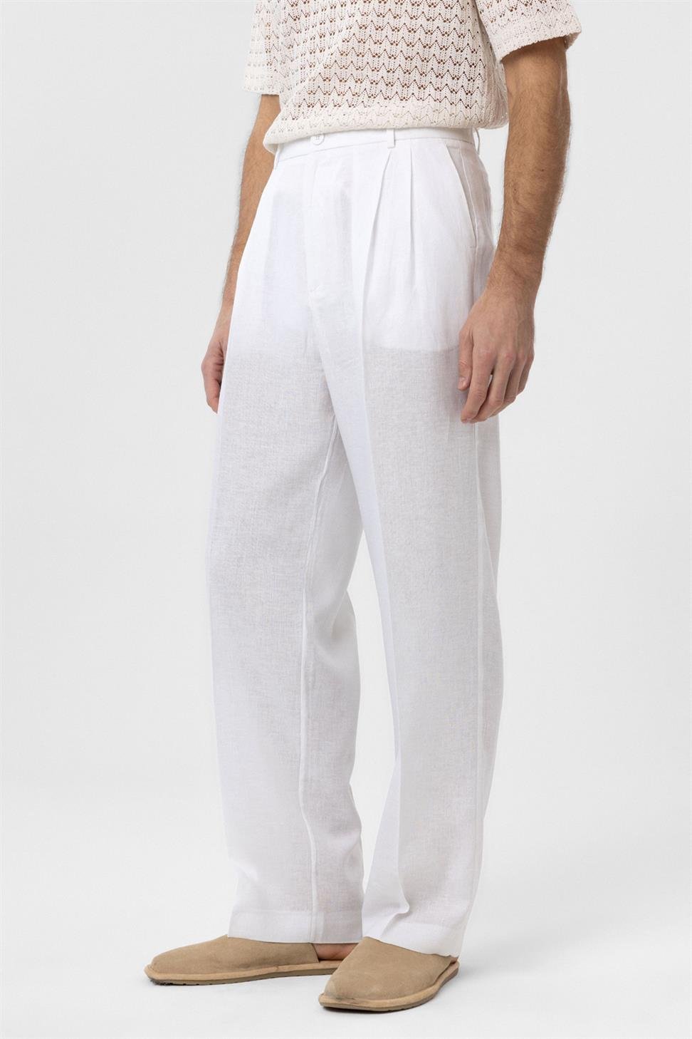 Antioch Beyaz Keten Karışımlı Erkek Baggy Pantolon