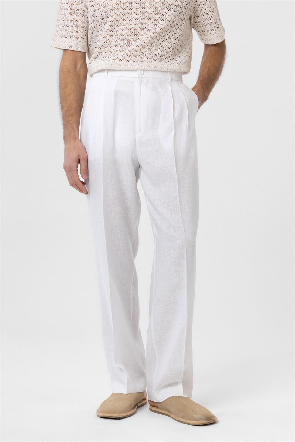Antioch Beyaz Keten Karışımlı Erkek Baggy Pantolon