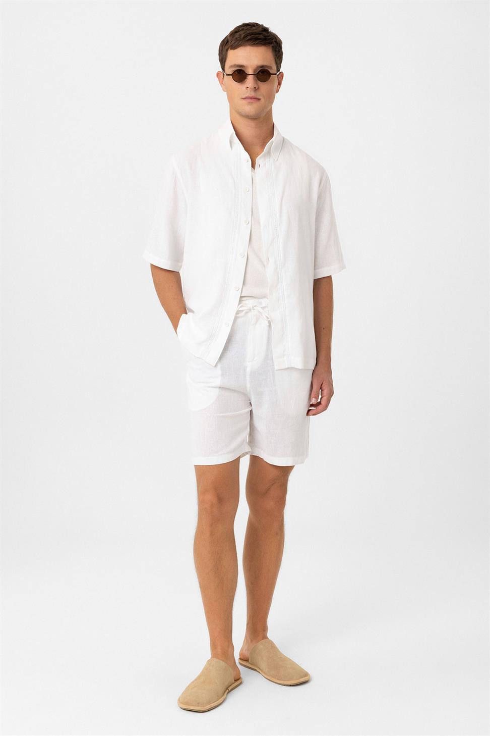 Antioch Beyaz Keten Karışımlı Erkek Şort