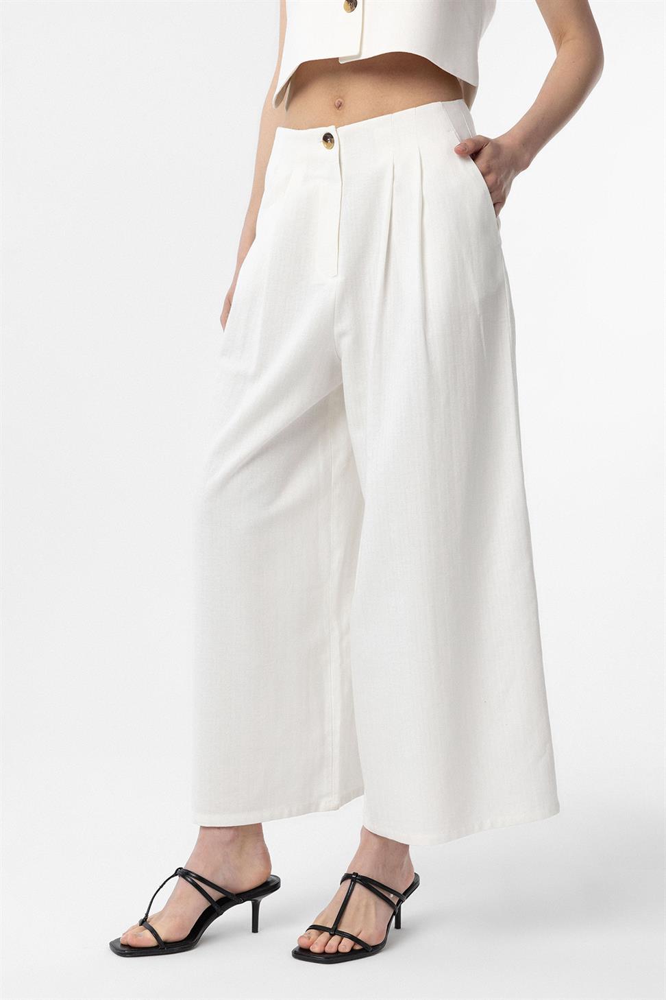 Antioch Beyaz Keten Karışımlı Kadın Culotte Pantolon