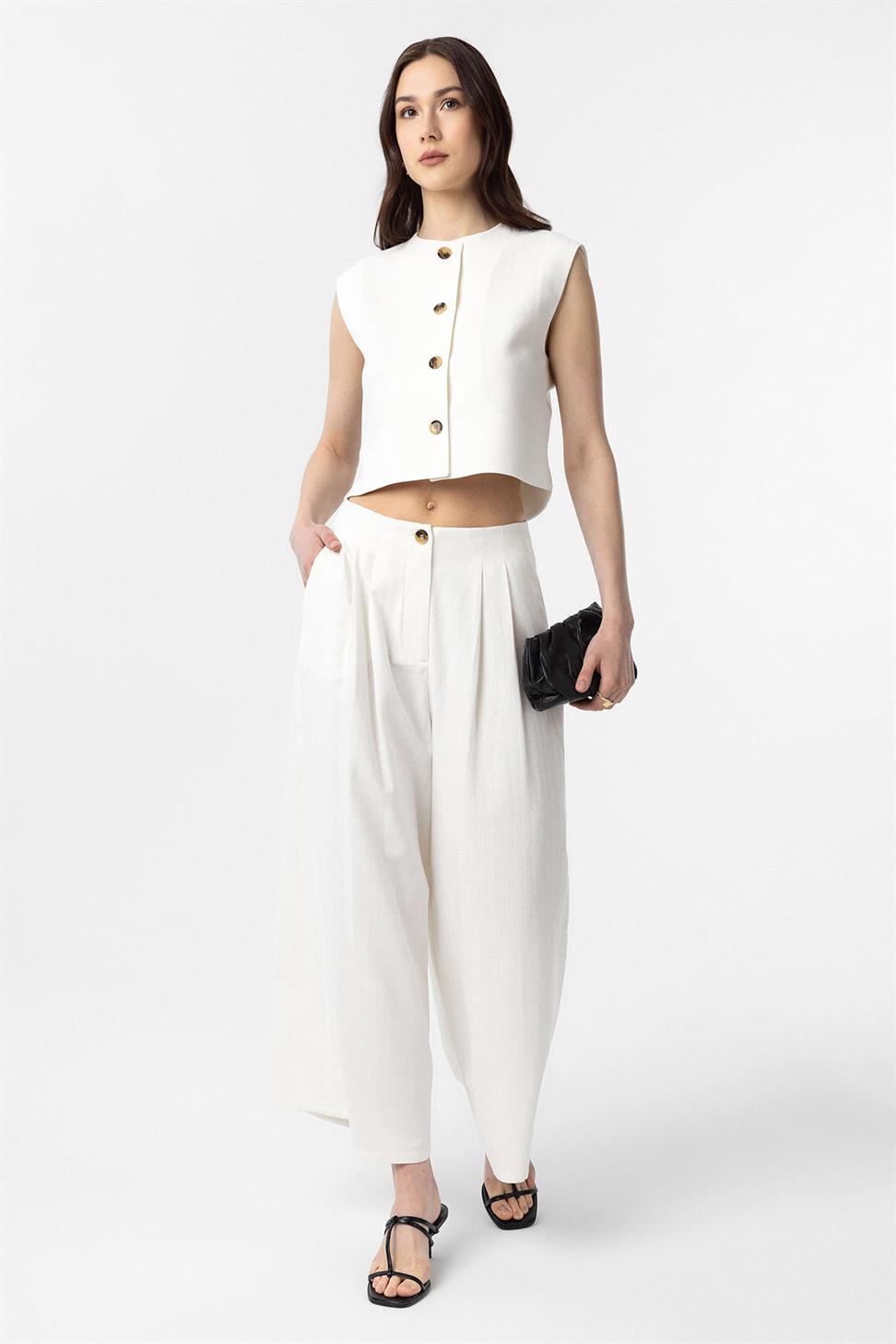 Antioch Beyaz Keten Karışımlı Kadın Culotte Pantolon