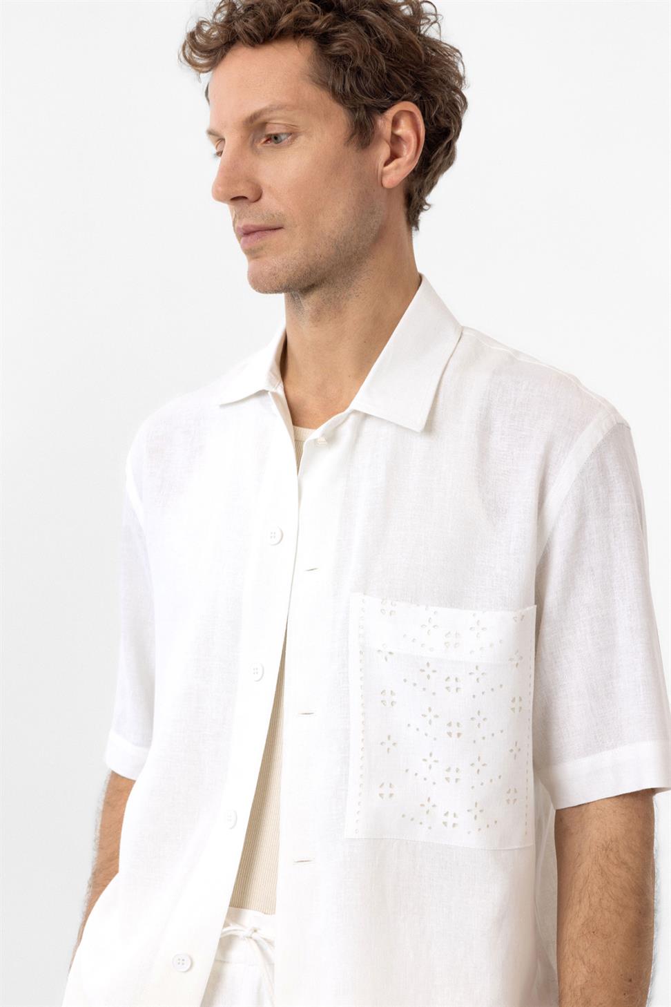 Antioch Beyaz Keten Karışımlı Kısa Kollu Erkek Gömlek