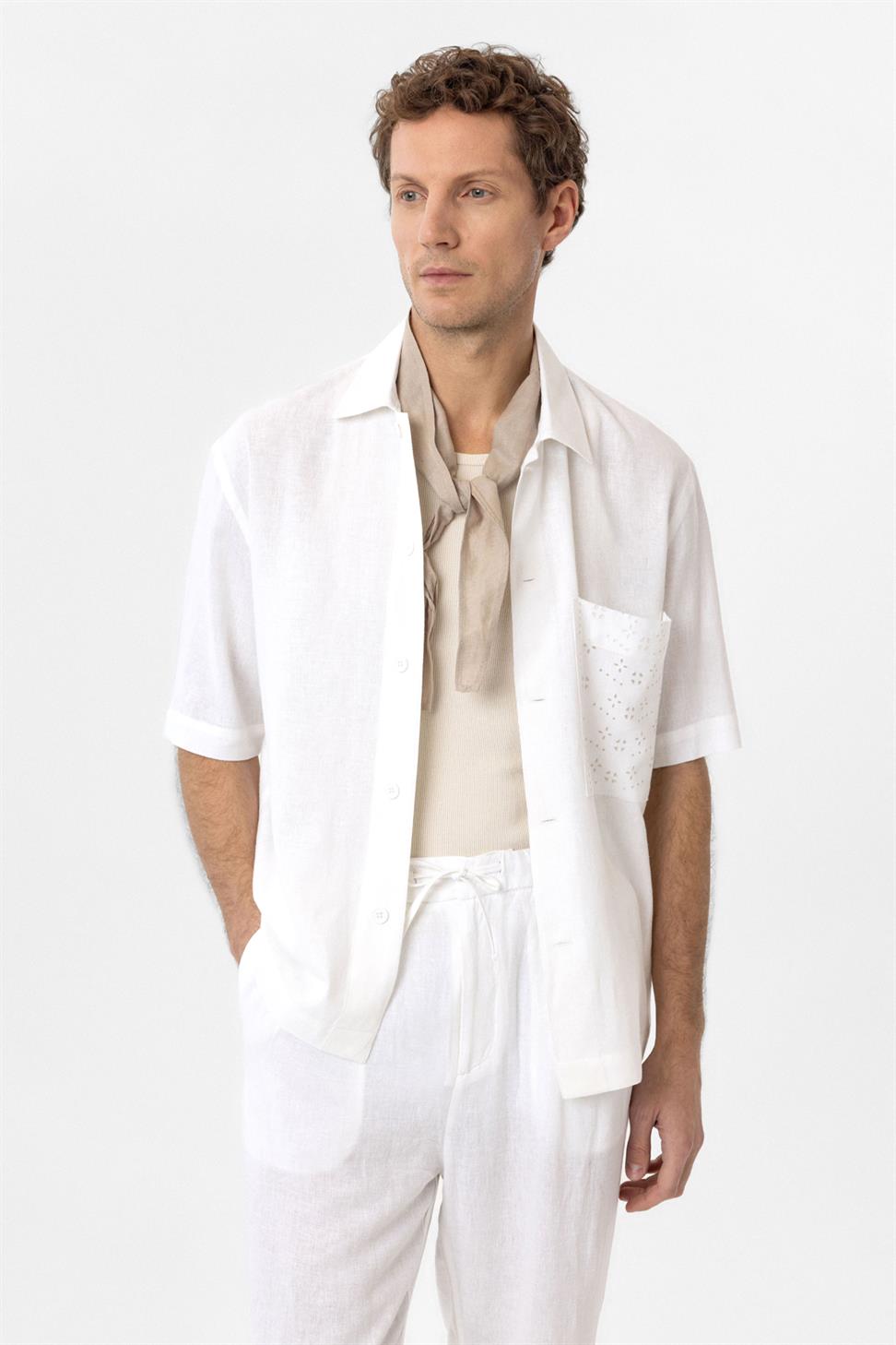 Antioch Beyaz Keten Karışımlı Kısa Kollu Erkek Gömlek