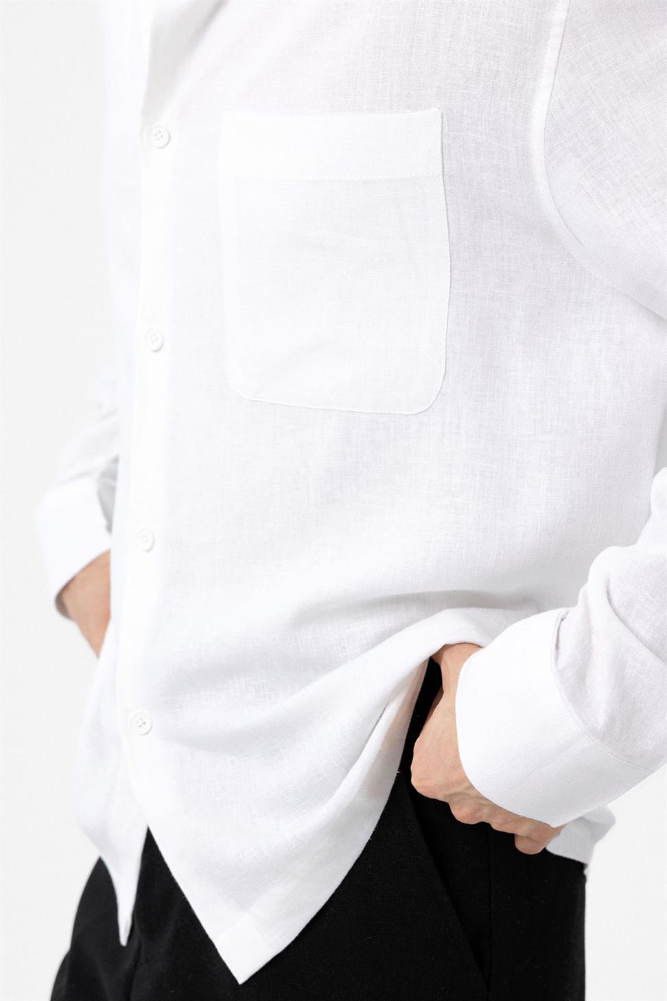 Antioch Beyaz Keten Karışımlı Relax Fit Erkek Gömlek