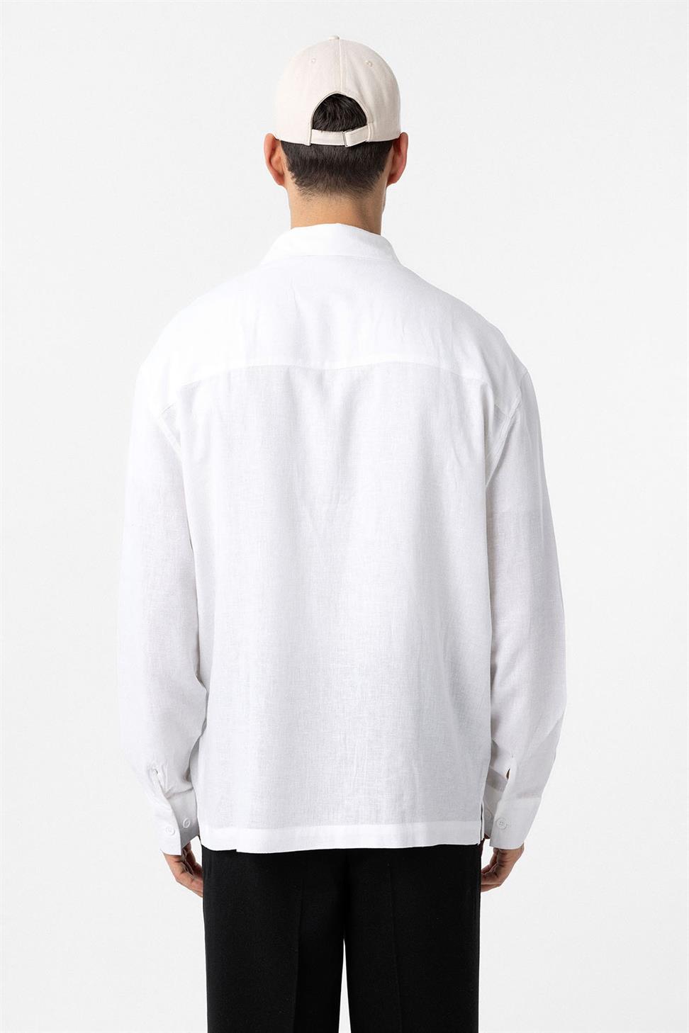 Antioch Beyaz Keten Karışımlı Relax Fit Erkek Gömlek