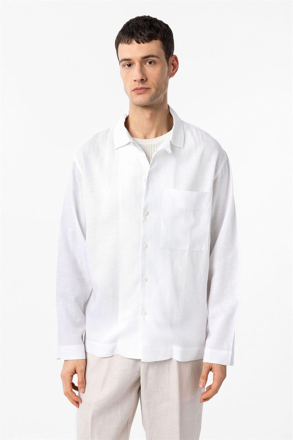 Antioch Beyaz Keten Karışımlı Relax Fit Erkek Gömlek