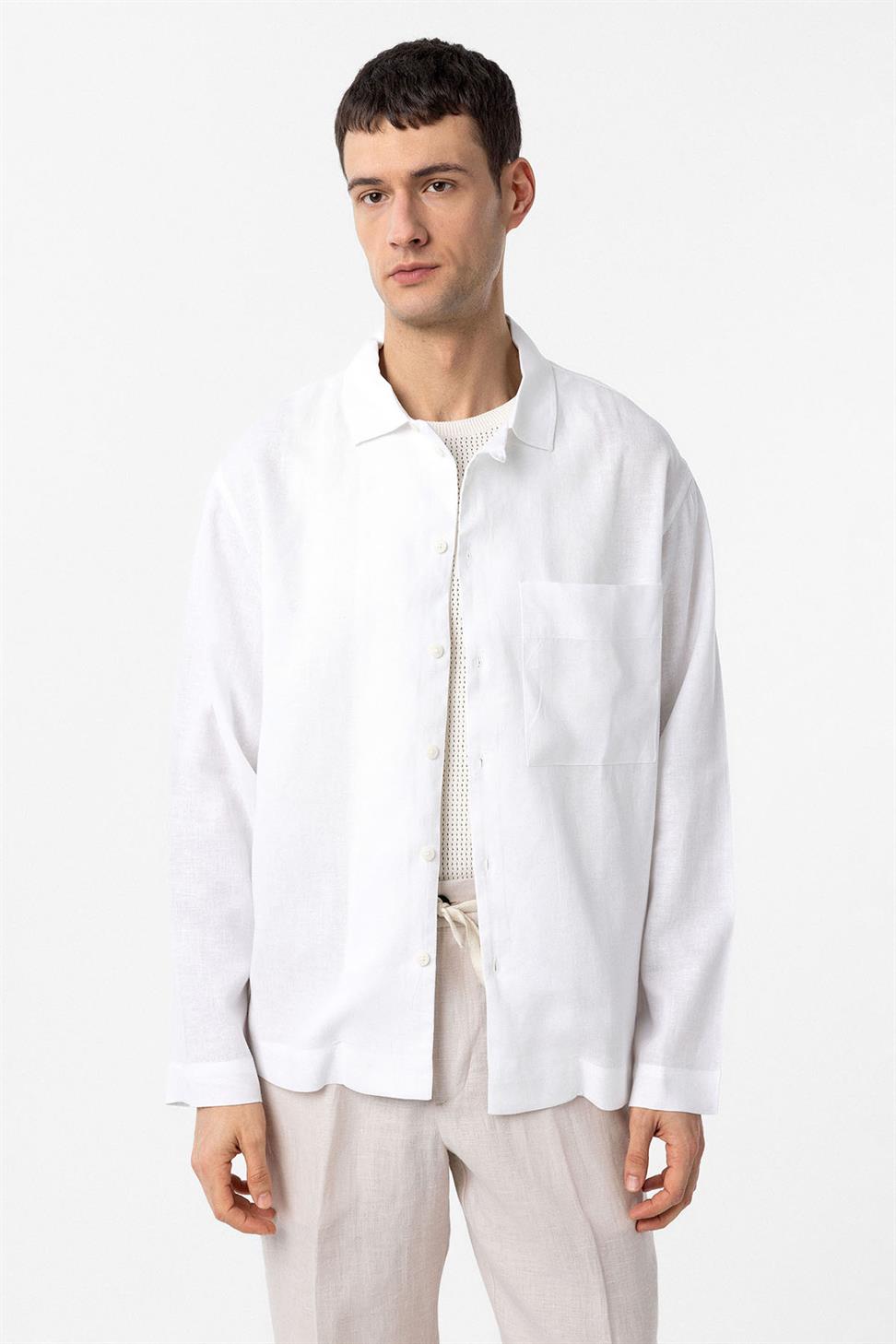 Antioch Beyaz Keten Karışımlı Relax Fit Erkek Gömlek