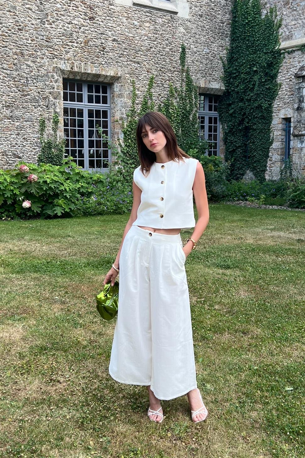 Antioch Beyaz Keten Karışımlı Relax Fit Kadın Yelek