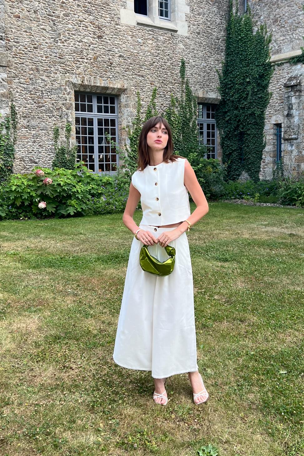 Antioch Beyaz Keten Karışımlı Relax Fit Kadın Yelek