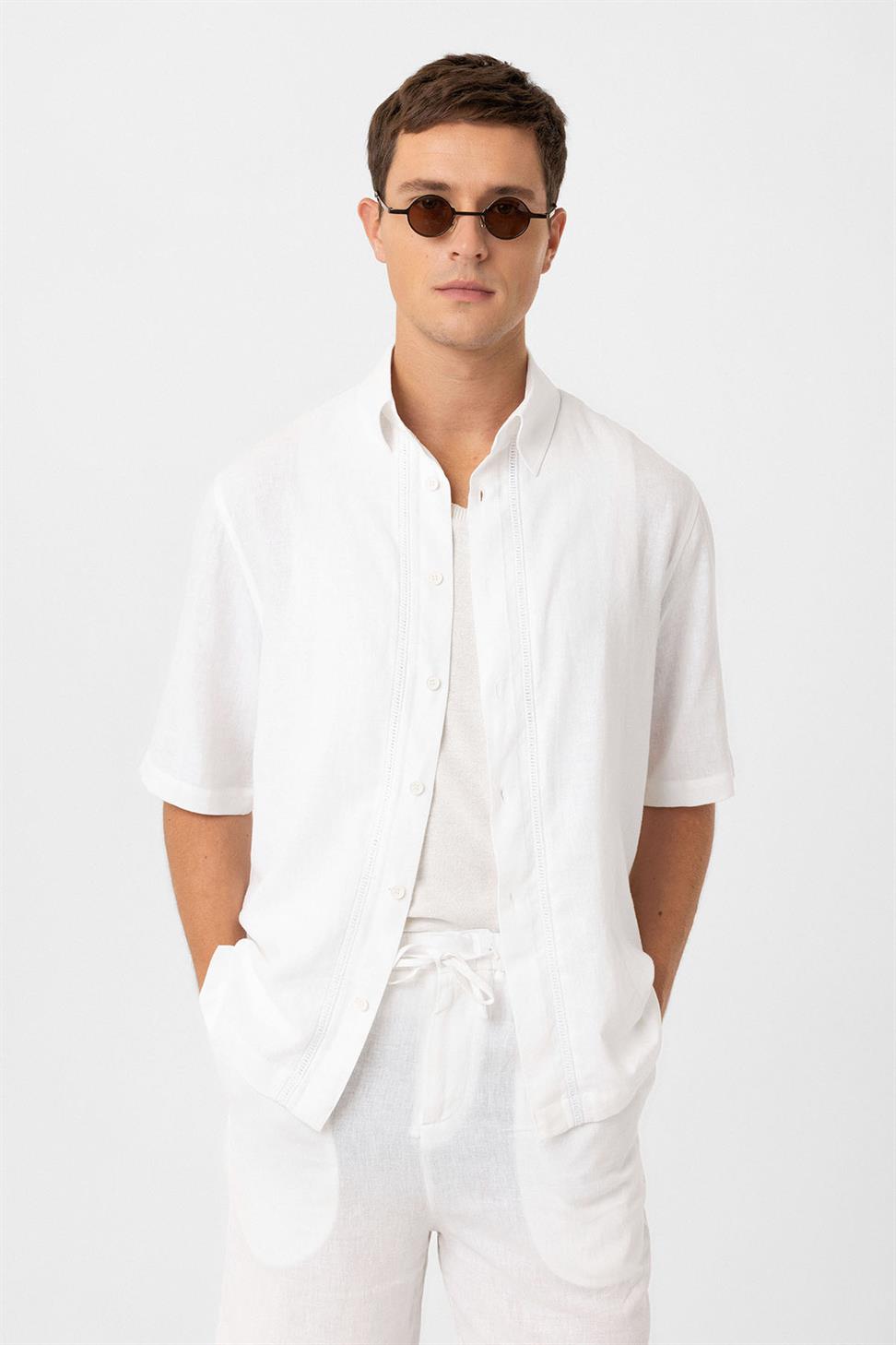 Antioch Beyaz Keten Karışımlı Relaxed Erkek Gömlek