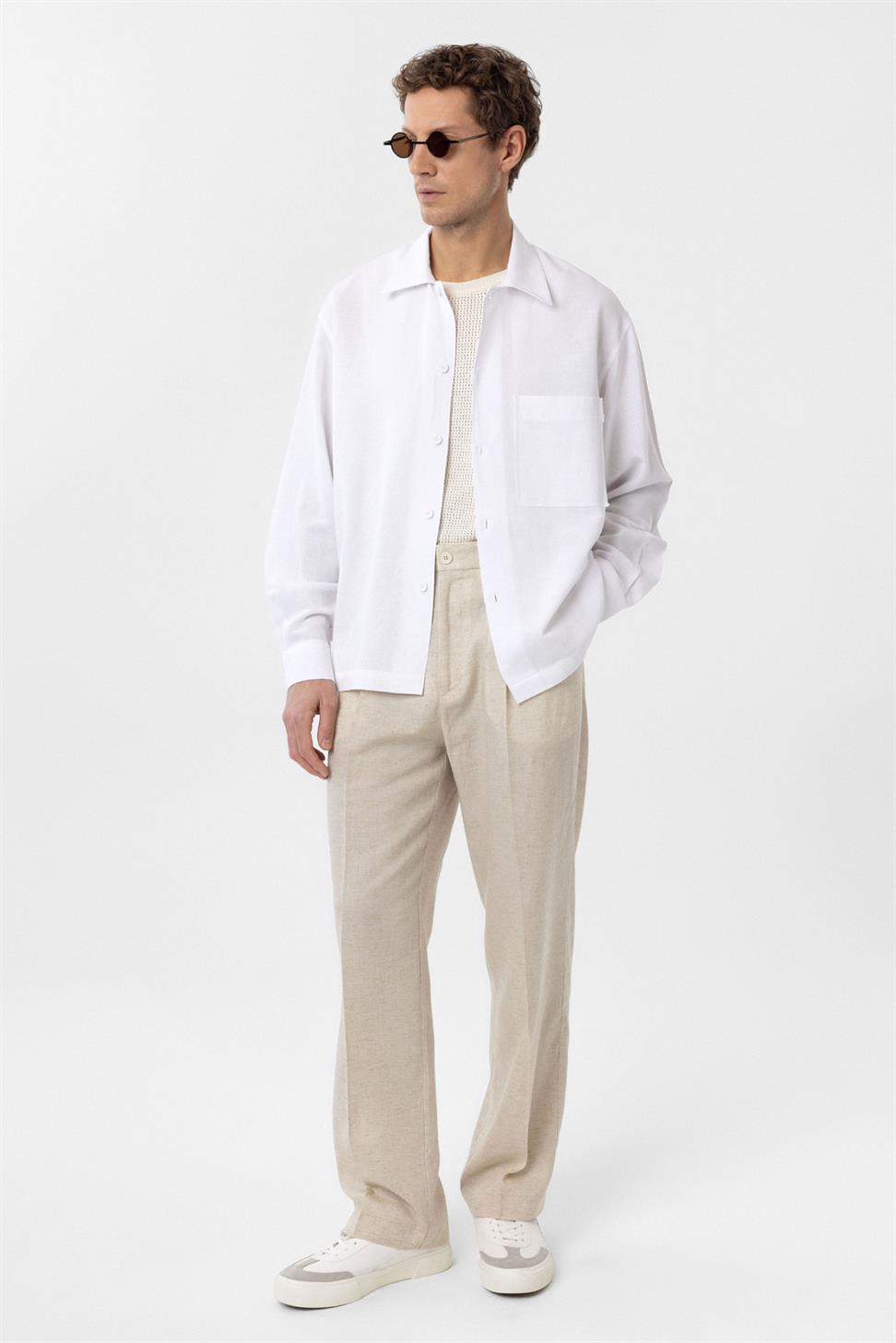 Antioch Beyaz Keten Karışımlı Relaxed Erkek Gömlek