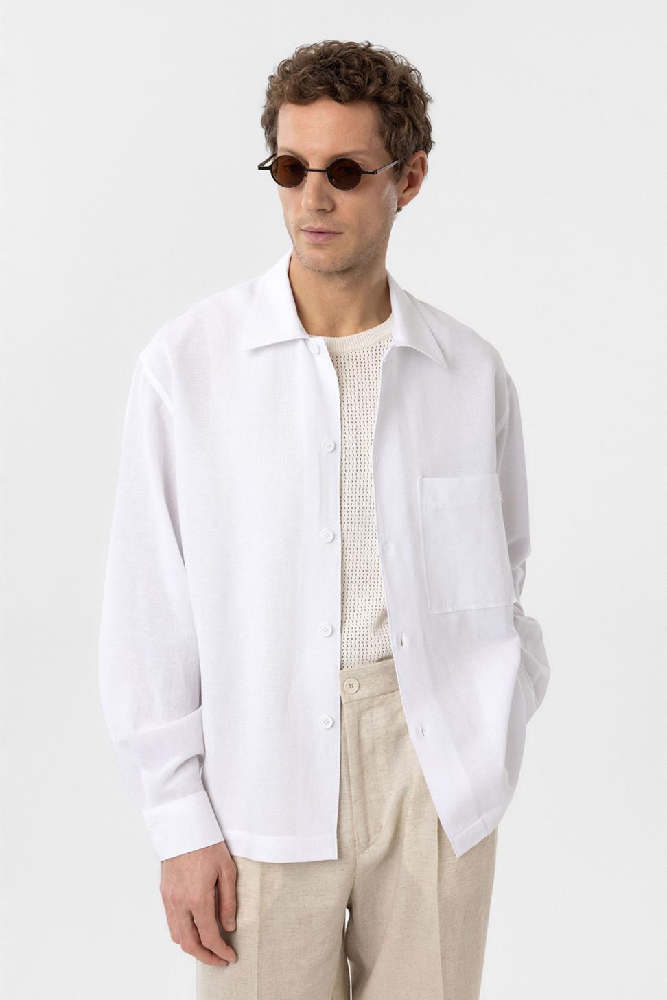 Antioch Beyaz Keten Karışımlı Relaxed Erkek Gömlek