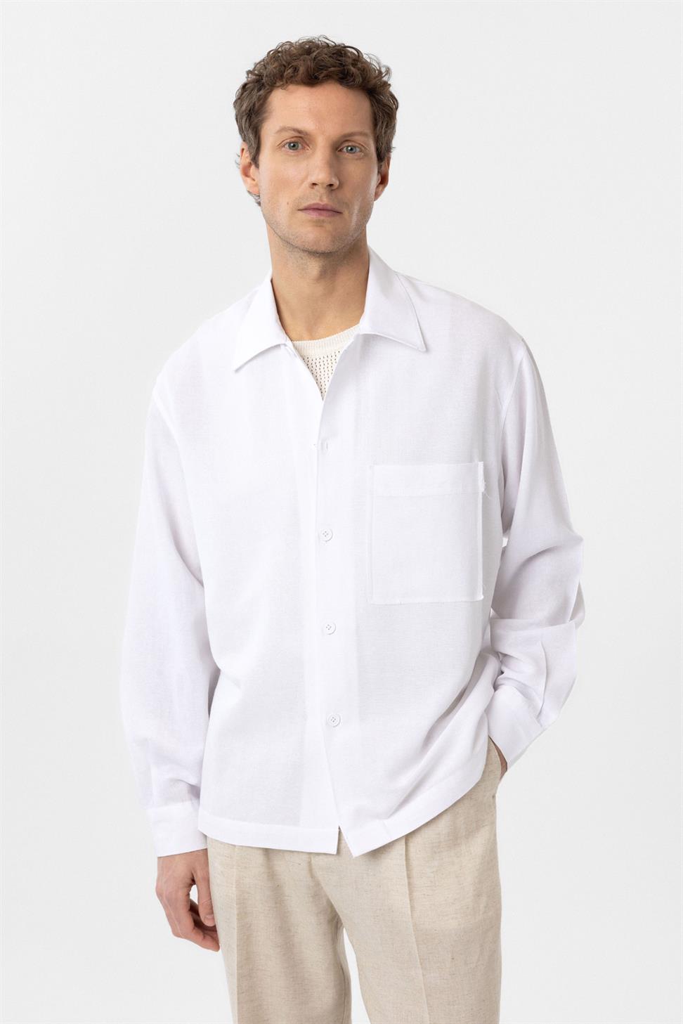 Antioch Beyaz Keten Karışımlı Relaxed Erkek Gömlek